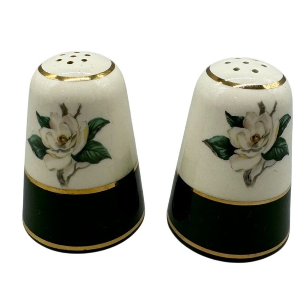 Vintage Ceramic Salt & Pepper Shaker Set With Magnolia Flower Design READ